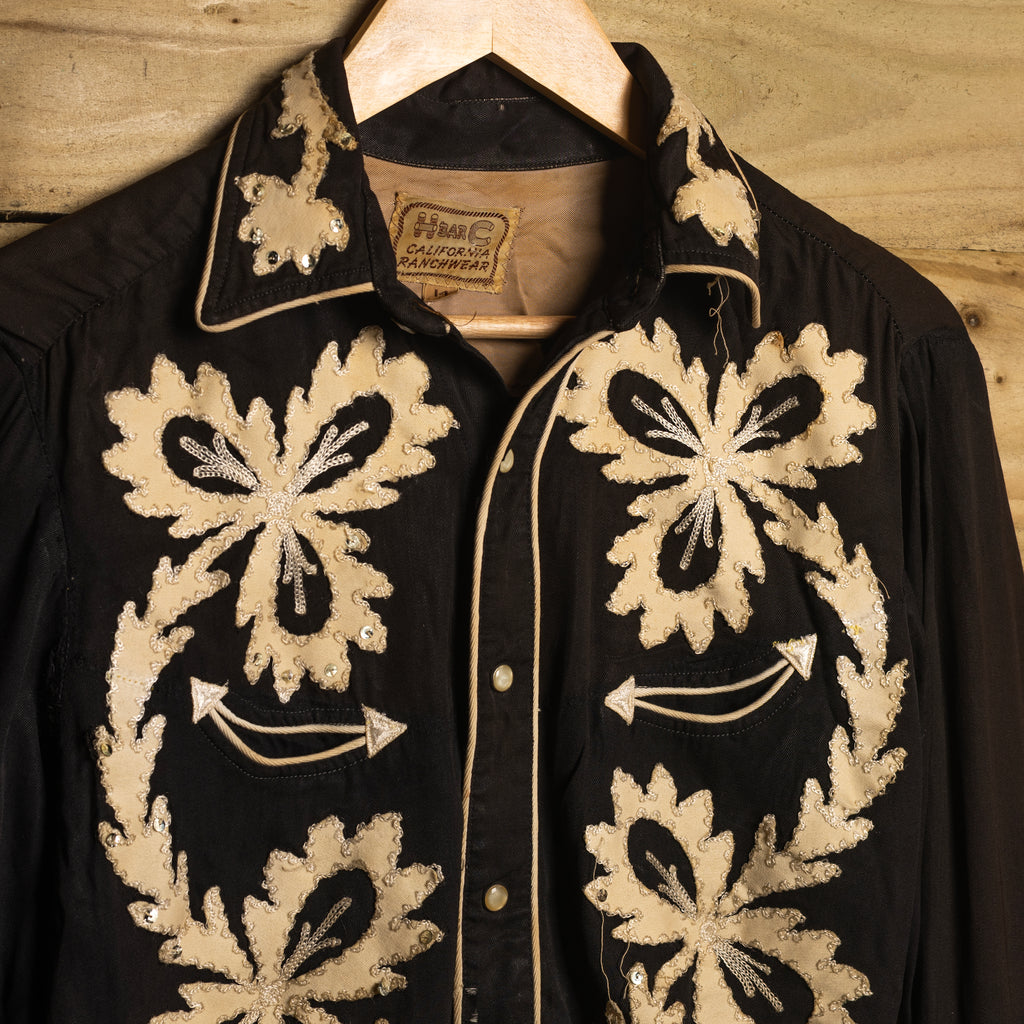 1950s H Bar C Black & White Embroidered Western Shirt Women's S