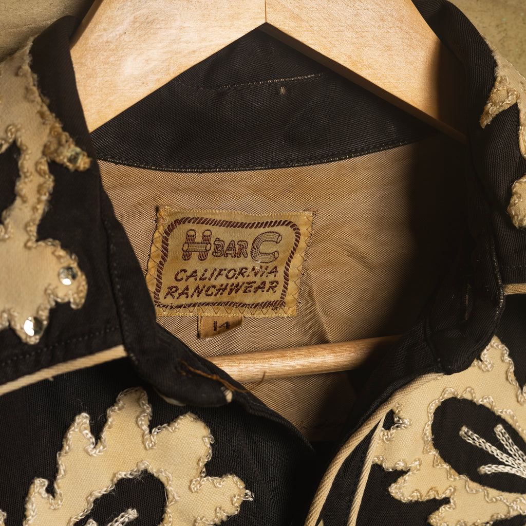 1950s H Bar C Black & White Embroidered Western Shirt Women's S