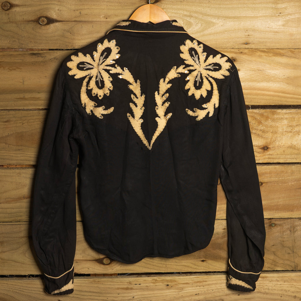 1950s H Bar C Black & White Embroidered Western Shirt Women's S