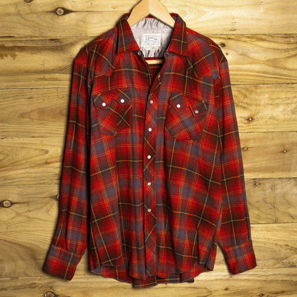 1960s H Bar C California Ranchwear Plaid Wool Western Shirt - Pearl Snaps - Size XL
