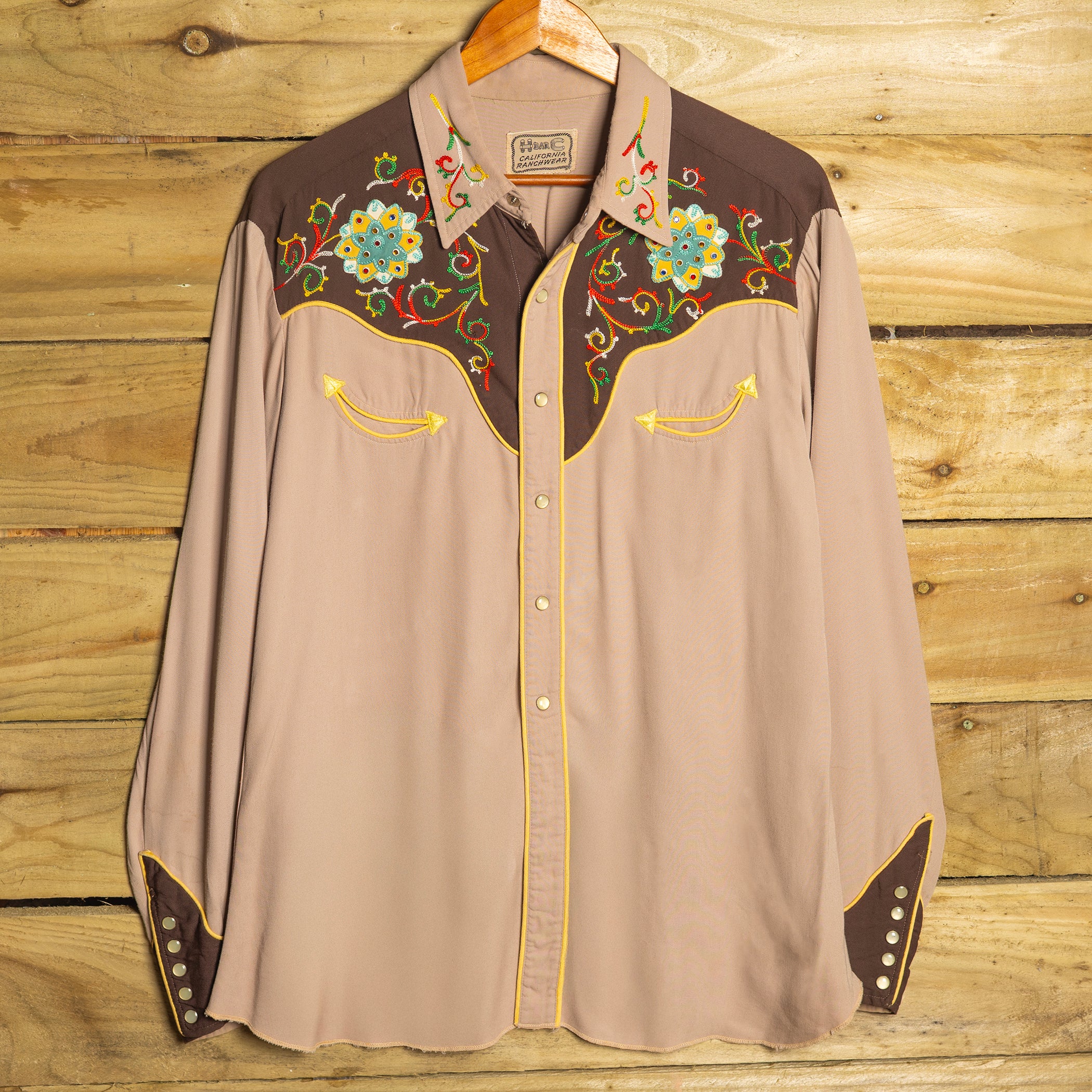 H Bar C California Ranchwear Embroidered Gabardine Pearl Snap Western Shirt – 1950s Vintage L