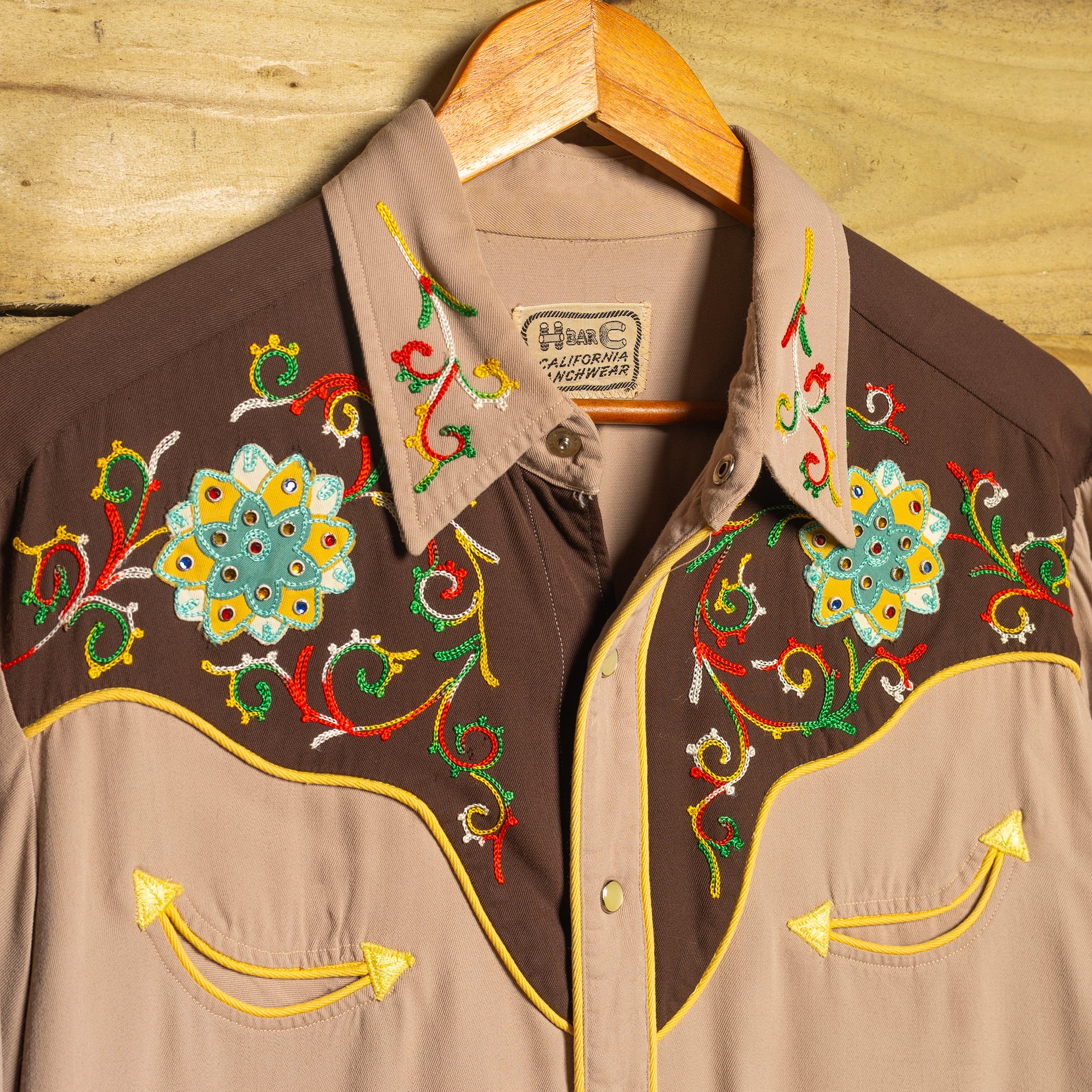 H Bar C California Ranchwear Embroidered Gabardine Pearl Snap Western Shirt – 1950s Vintage L