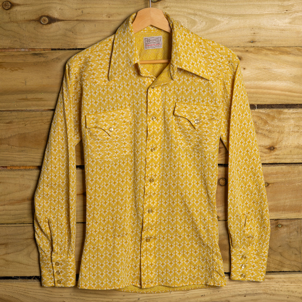 Vintage 1970s H Bar C California Ranchwear Mustard Yellow Pearl Snap Western Shirt — Women's S / 8-10