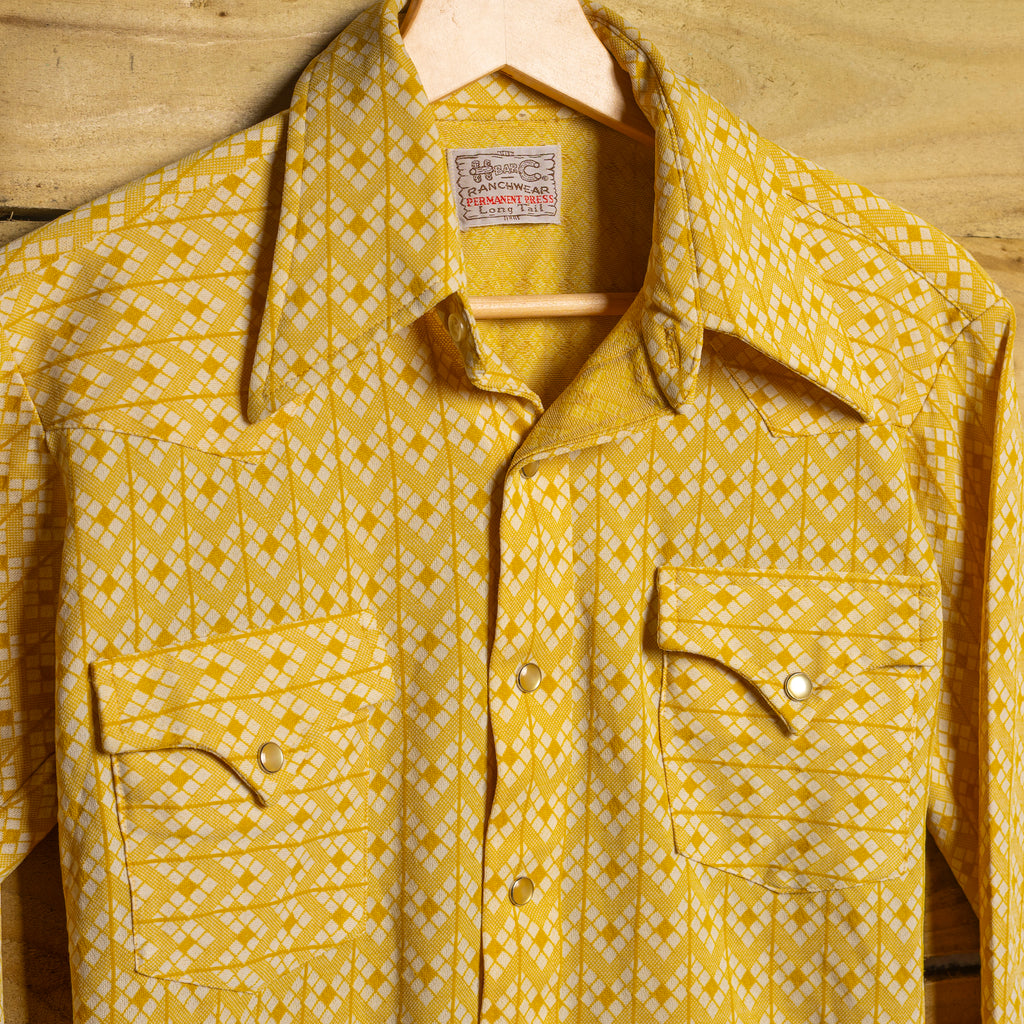 Vintage 1970s H Bar C California Ranchwear Mustard Yellow Pearl Snap Western Shirt — Women's S / 8-10