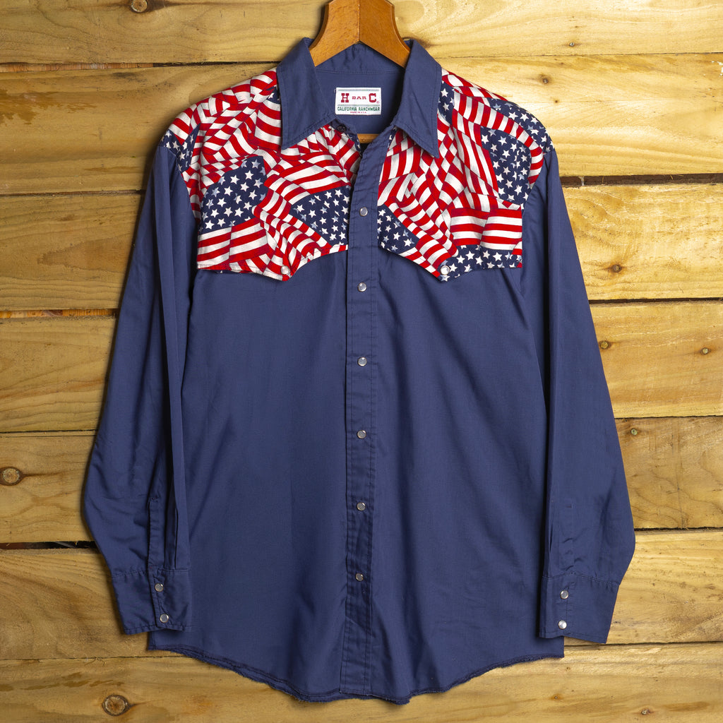 H Bar C California Ranchwear Vintage Blue USA Flag Pearl Snap Western Shirt — Size L