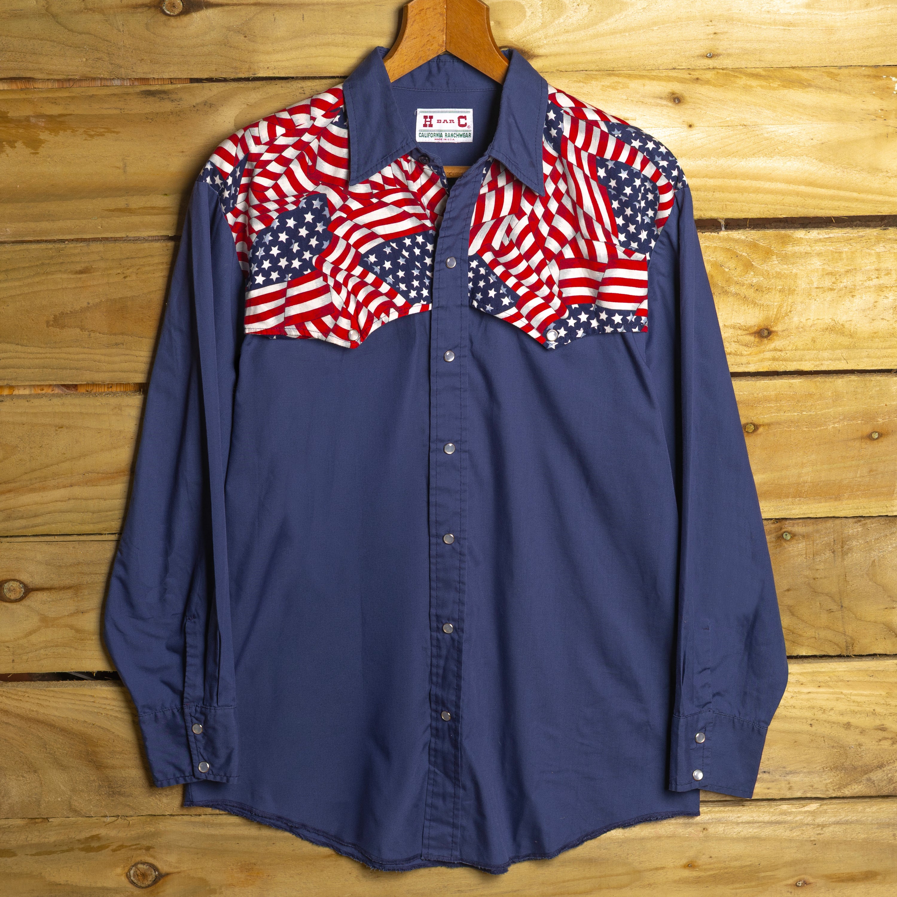 H Bar C California Ranchwear Vintage Blue USA Flag Pearl Snap Western Shirt — Size L