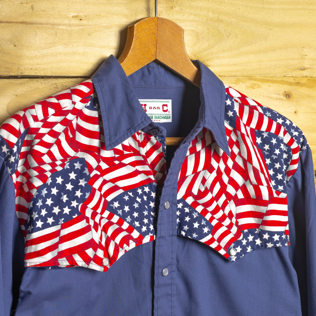 H Bar C California Ranchwear Vintage Blue USA Flag Pearl Snap Western Shirt — Size L