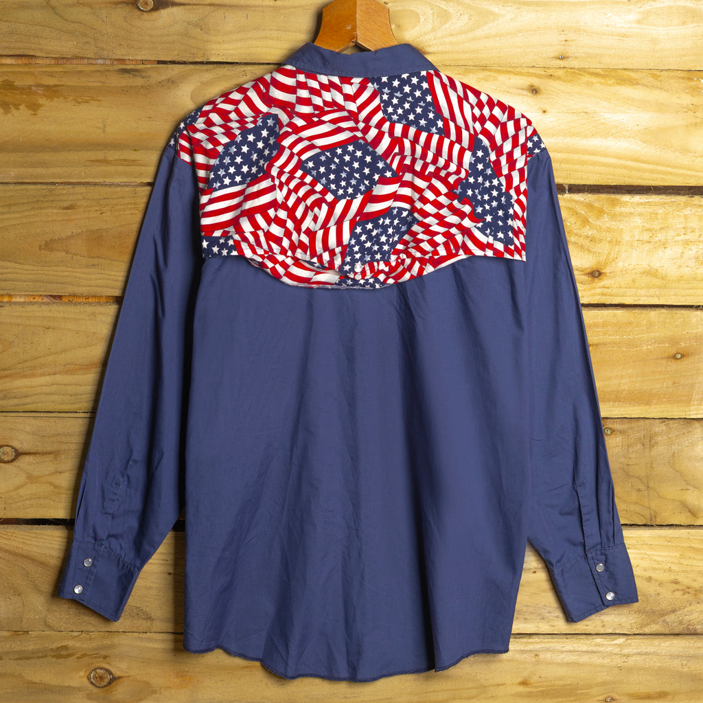 H Bar C California Ranchwear Vintage Blue USA Flag Pearl Snap Western Shirt — Size L