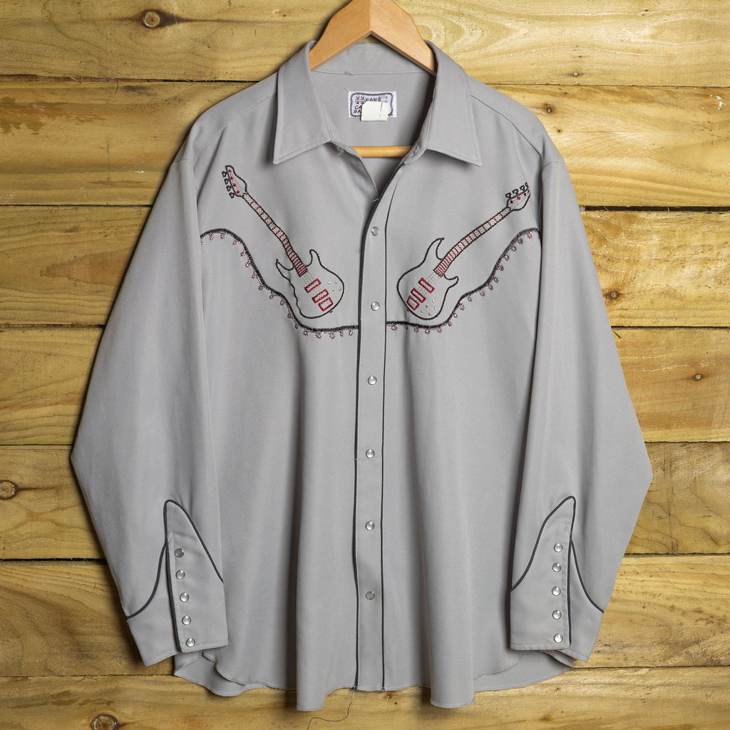 Vintage 1970s H Bar C California Ranchwear Embroidered Bass Guitar Grey Shirt with Pearl Snaps - Size XL