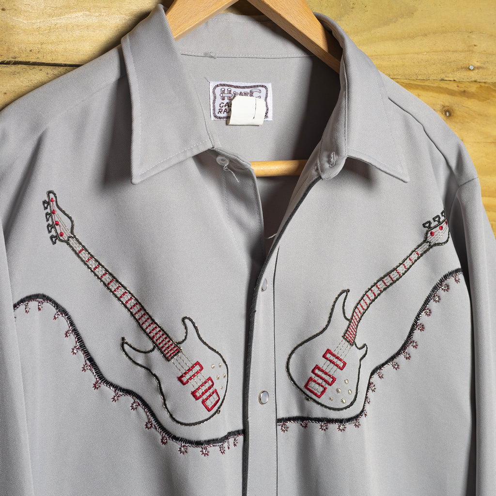 Vintage 1970s H Bar C California Ranchwear Embroidered Bass Guitar Grey Shirt with Pearl Snaps - Size XL