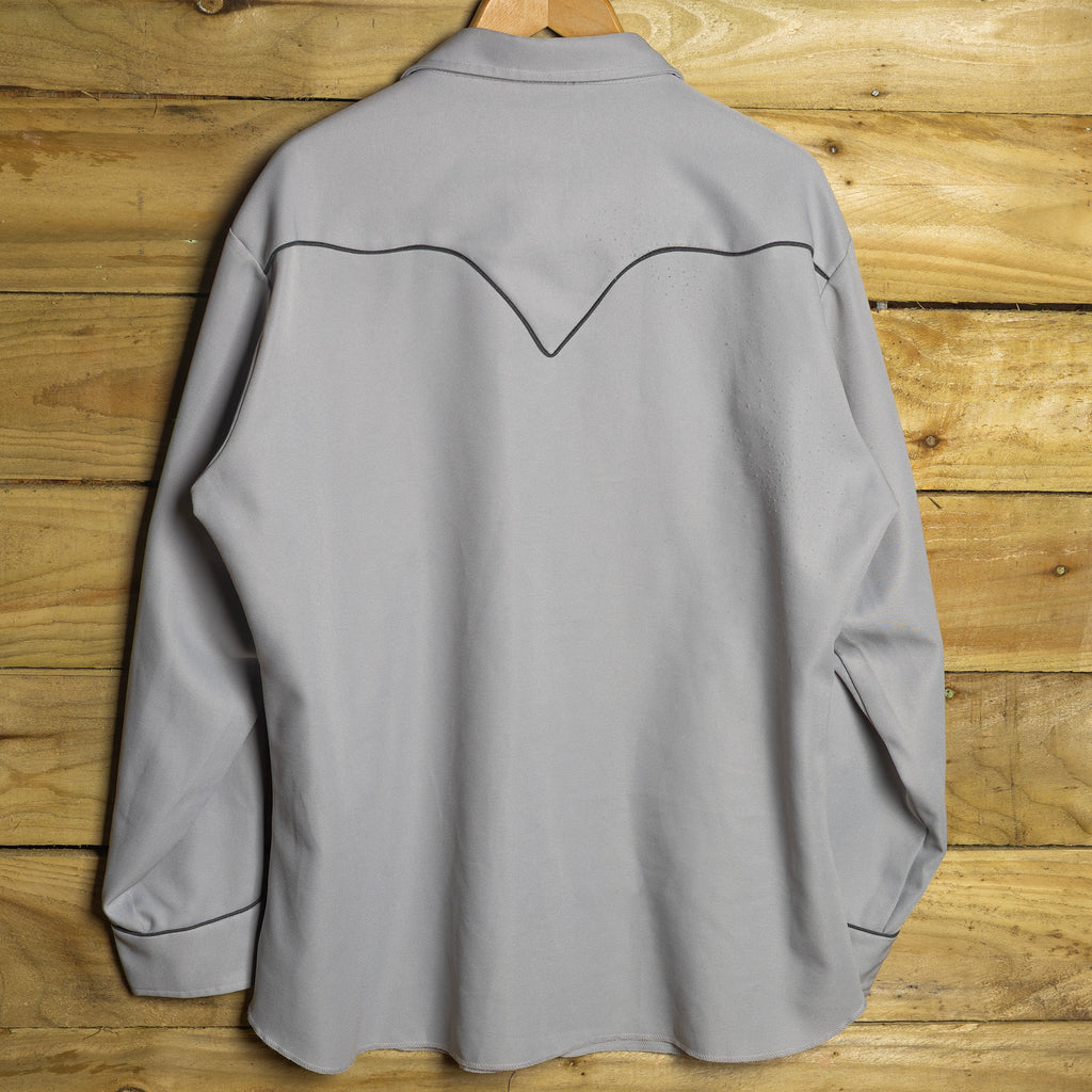 Vintage 1970s H Bar C California Ranchwear Embroidered Bass Guitar Grey Shirt with Pearl Snaps - Size XL