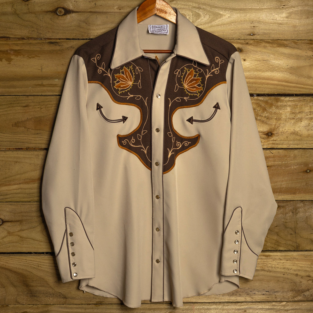 Vintage H Bar C California Ranchwear Embroidered Beige Western Shirt | Pearl Snaps | Size M