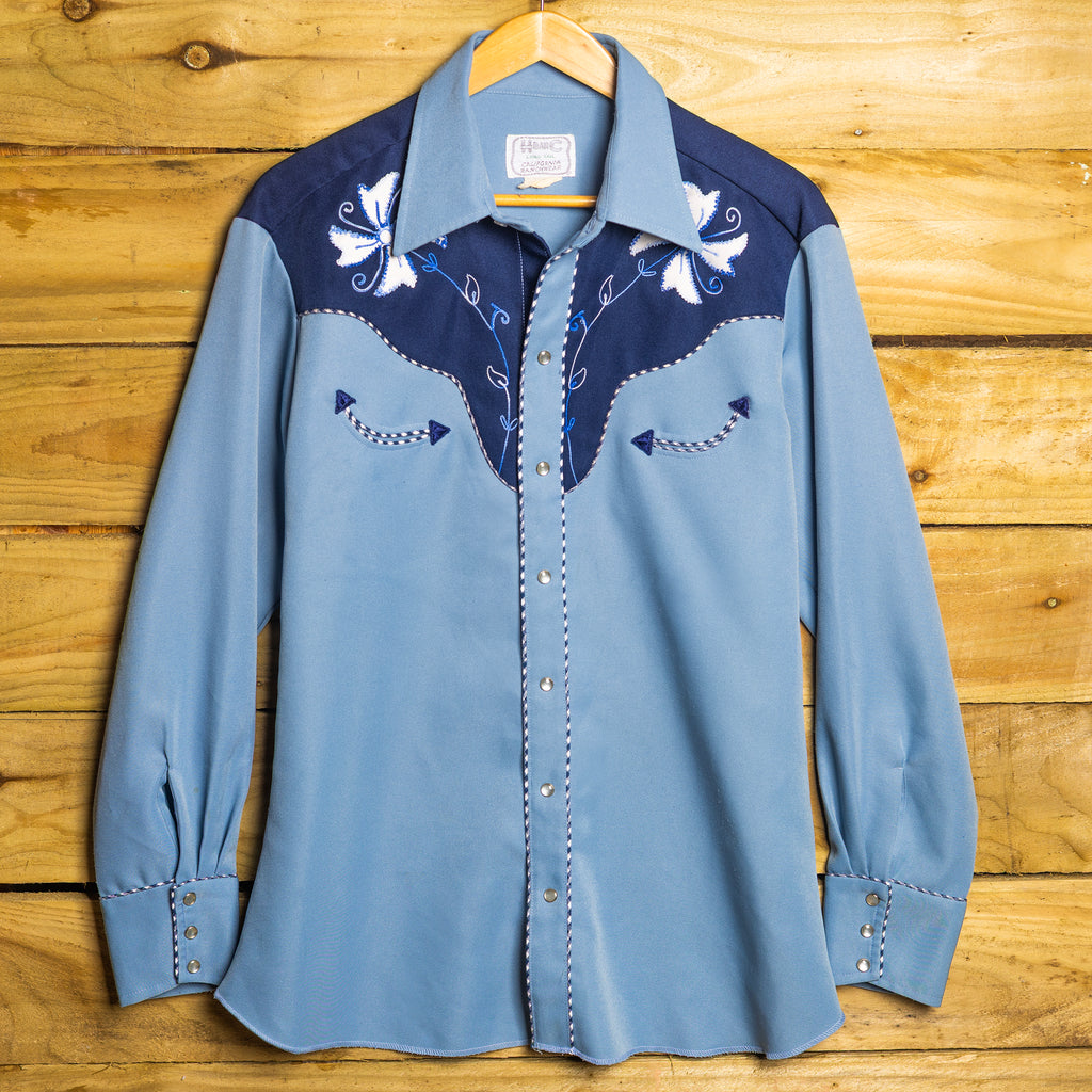 Vintage H Bar C California Ranchwear Blue Embroidered Pearl Snap Rodeo Shirt – Size L