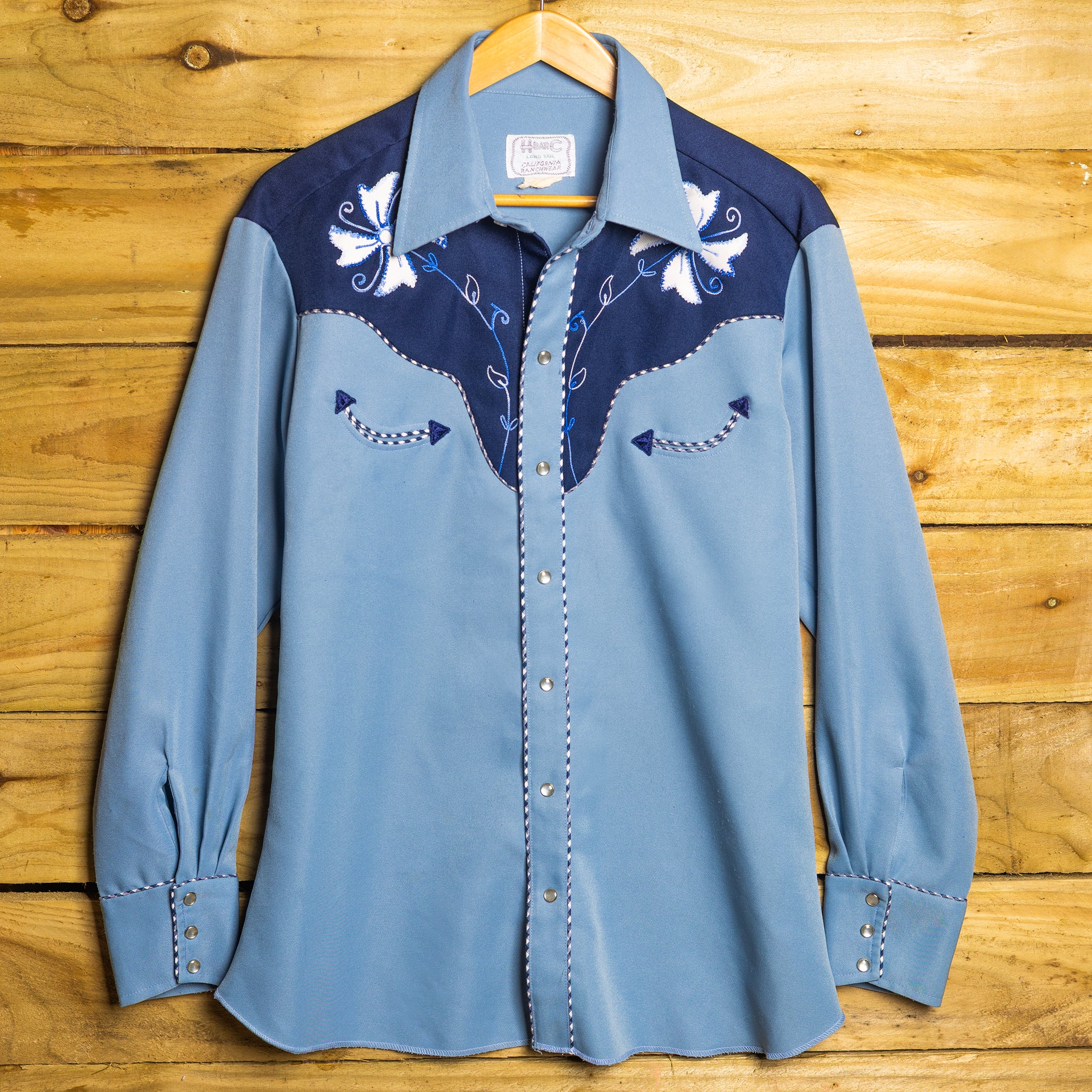Vintage H Bar C California Ranchwear Blue Embroidered Pearl Snap Rodeo Shirt – Size L