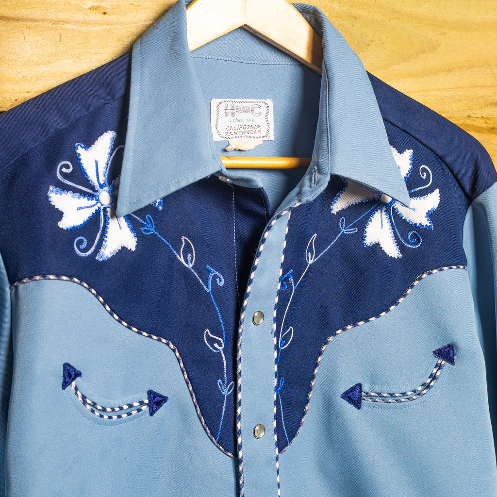 Vintage H Bar C California Ranchwear Blue Embroidered Pearl Snap Rodeo Shirt – Size L