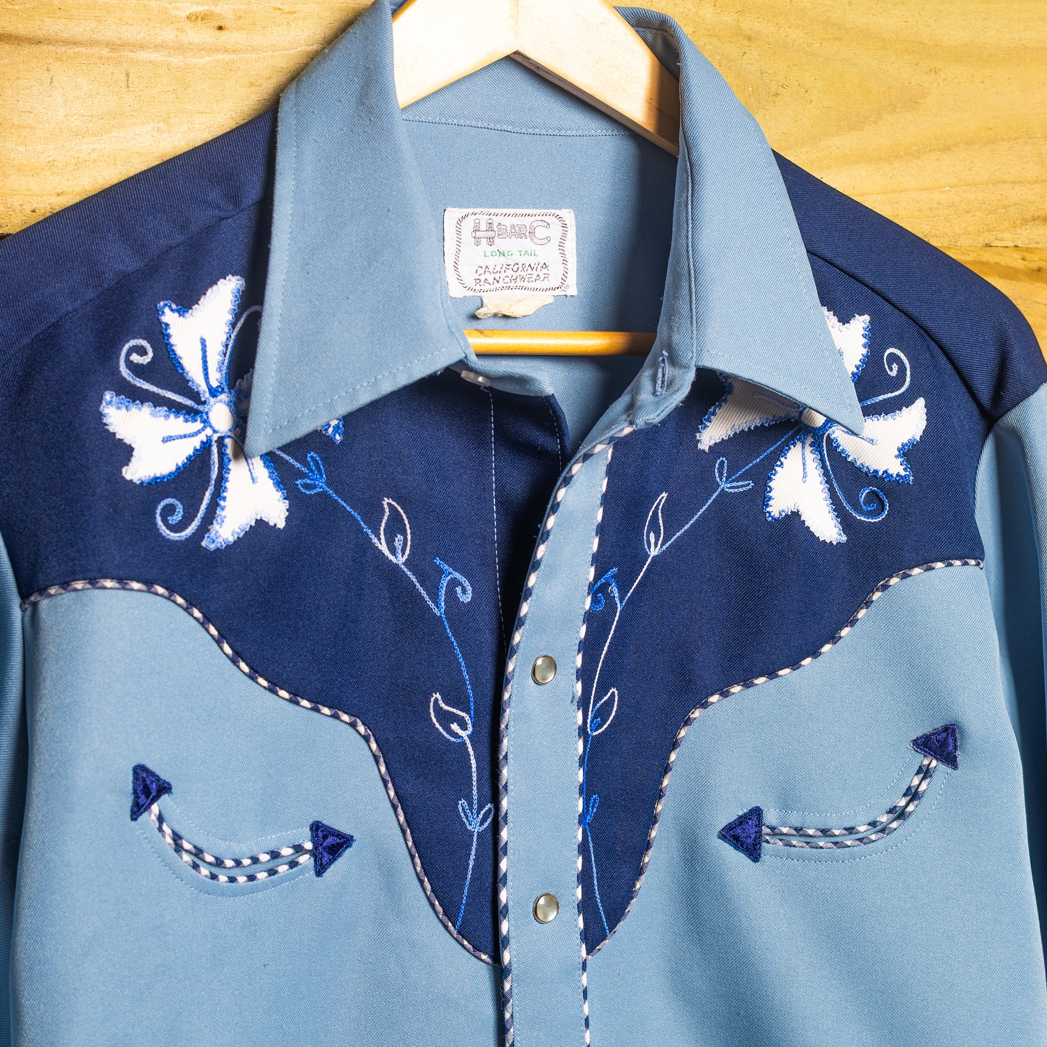 Vintage H Bar C California Ranchwear Blue Embroidered Pearl Snap Rodeo Shirt – Size L