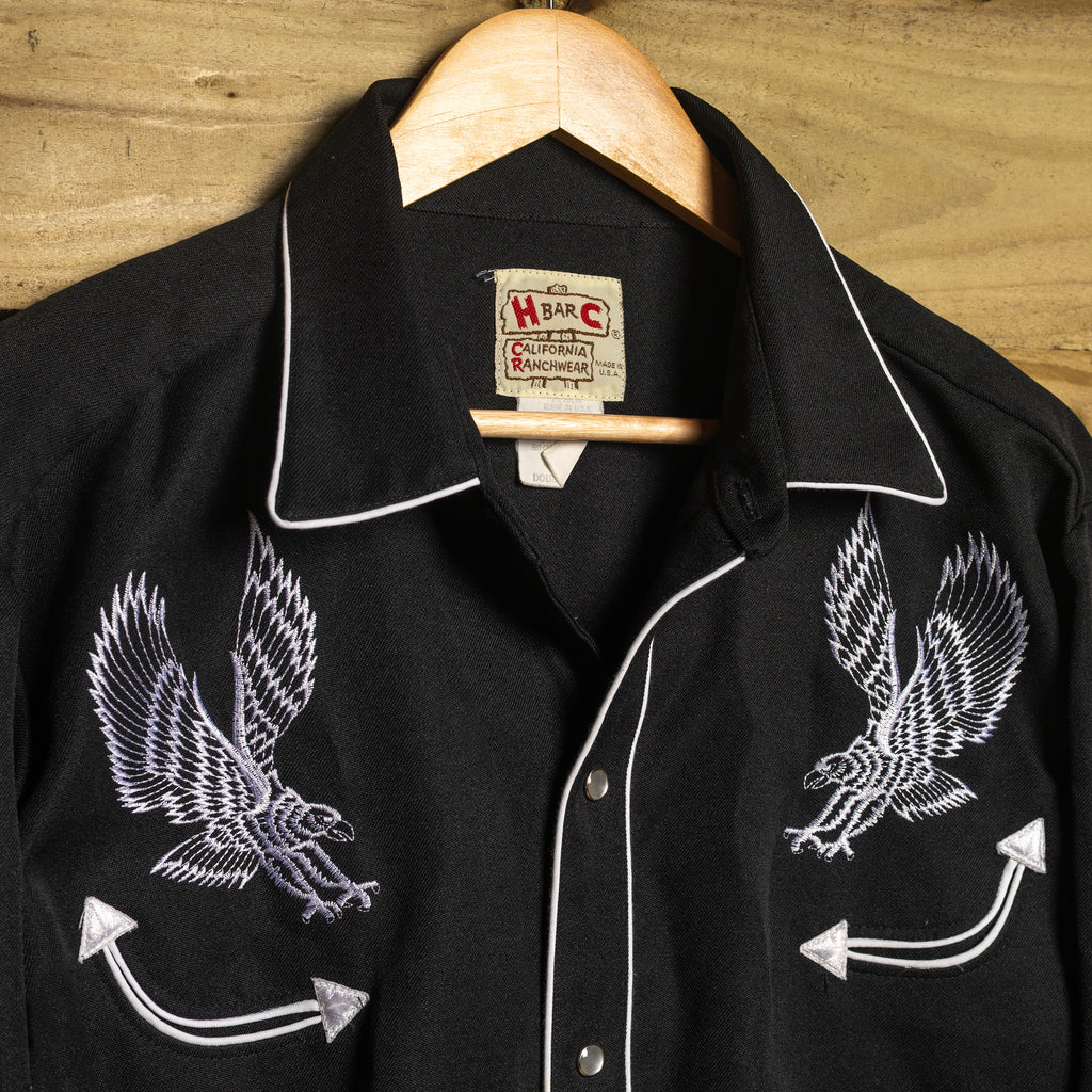 H Bar C California Ranchwear Vintage 1970s Embroidered Eagle Black Western Shirt | Pearl Snaps | Smile Pockets | White Piping | Men's XL