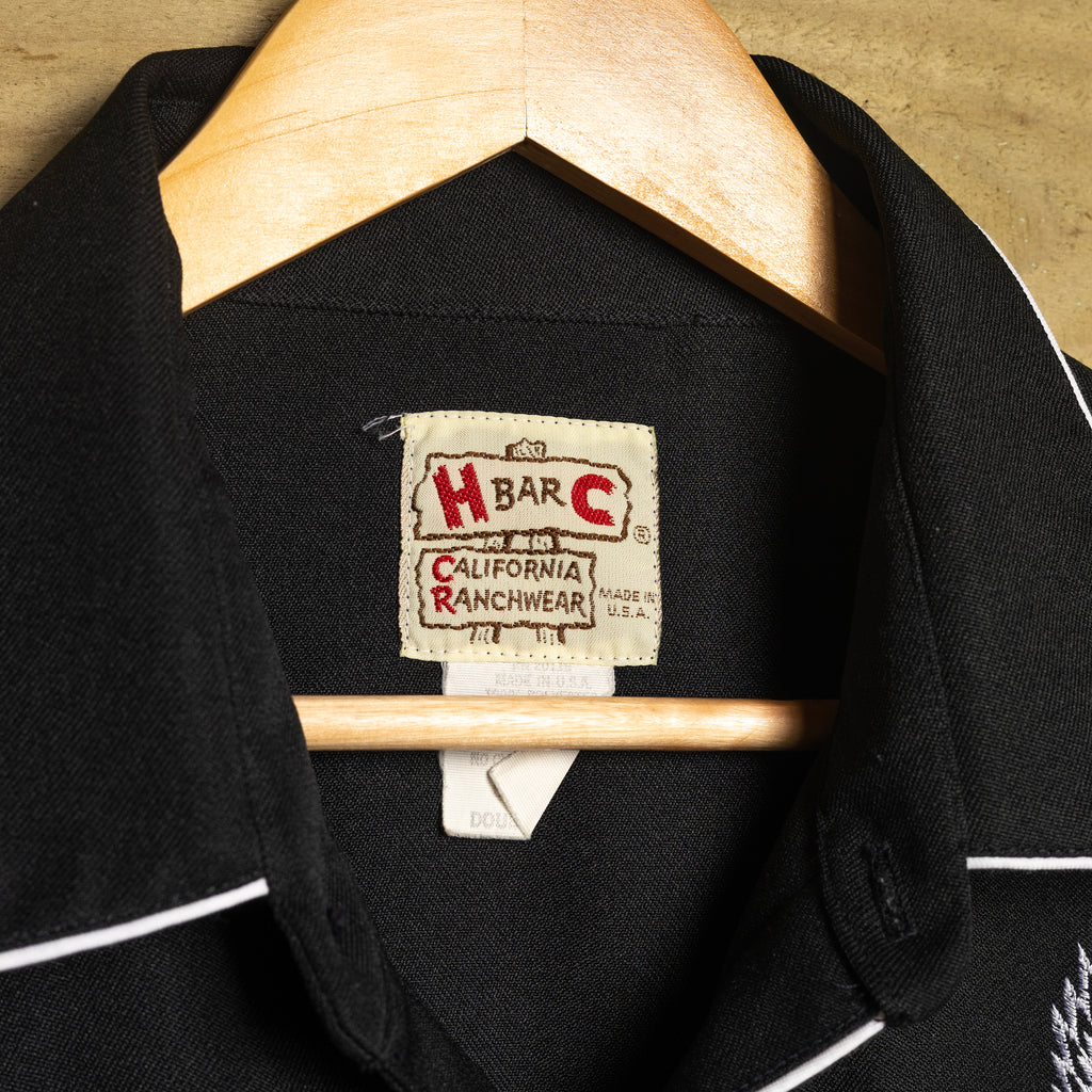 H Bar C California Ranchwear Vintage 1970s Embroidered Eagle Black Western Shirt | Pearl Snaps | Smile Pockets | White Piping | Men's XL