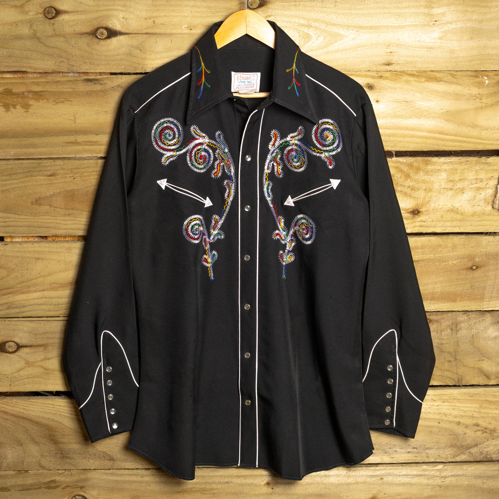 H Bar C California Ranchwear Vintage Black Embroidered Pearl Snap Western Shirt — M/L