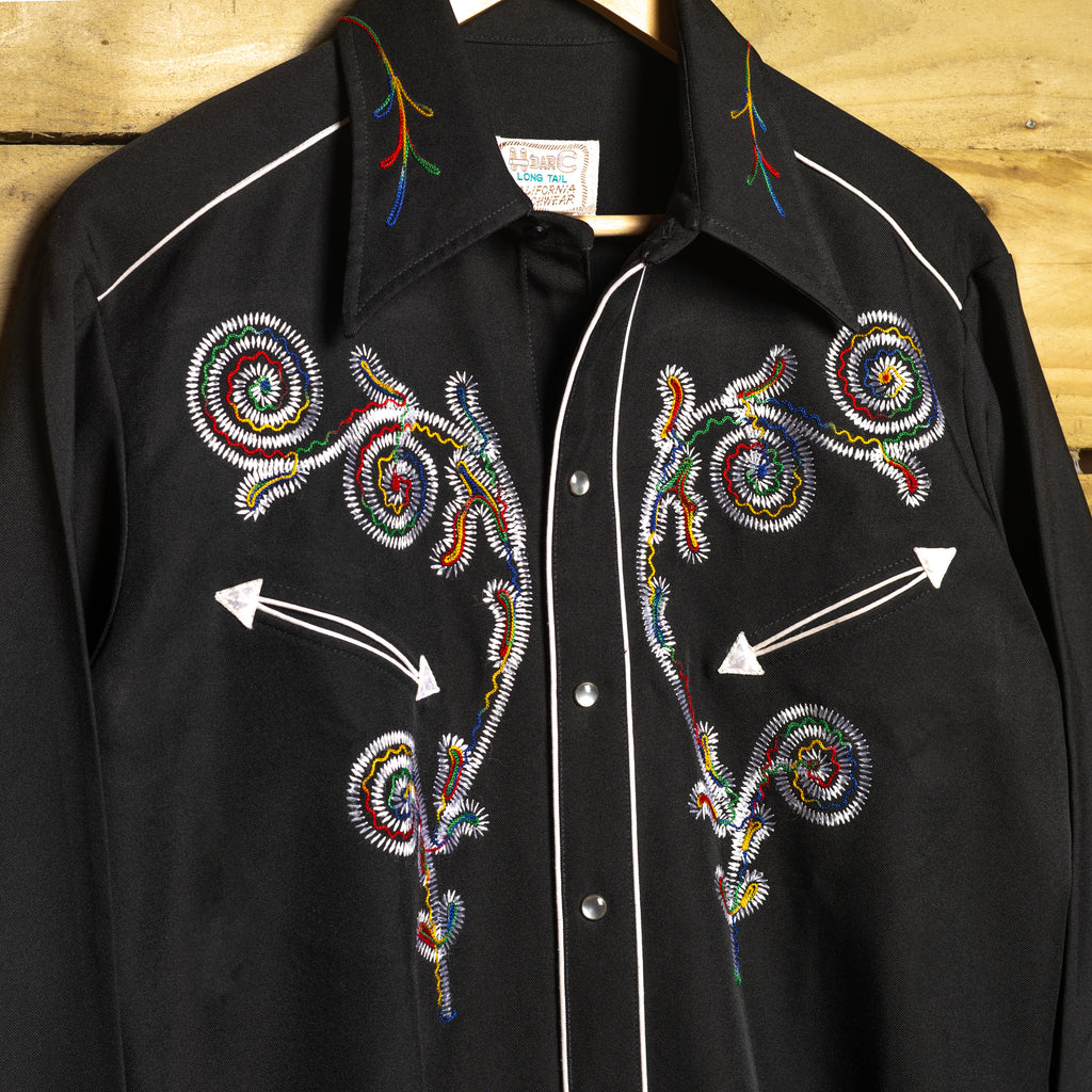 H Bar C California Ranchwear Vintage Black Embroidered Pearl Snap Western Shirt — M/L