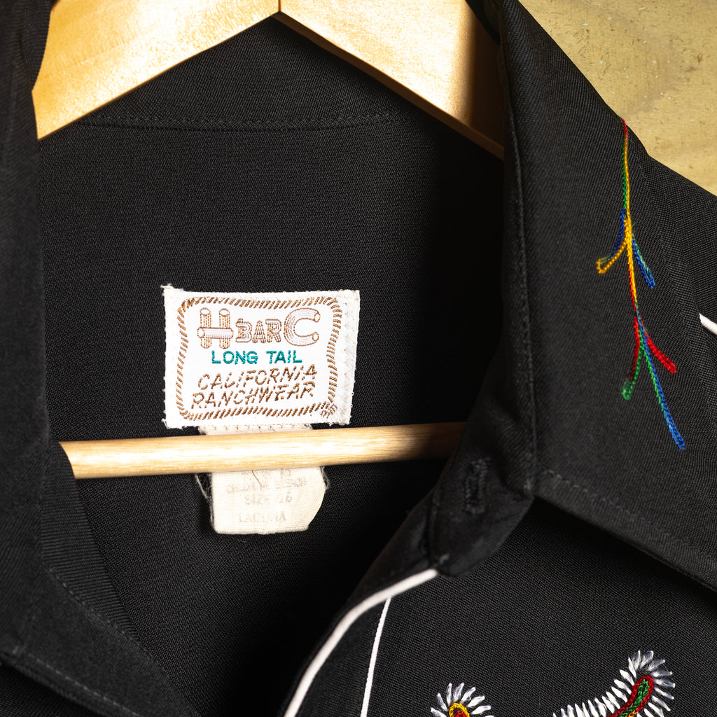 H Bar C California Ranchwear Vintage Black Embroidered Pearl Snap Western Shirt — M/L