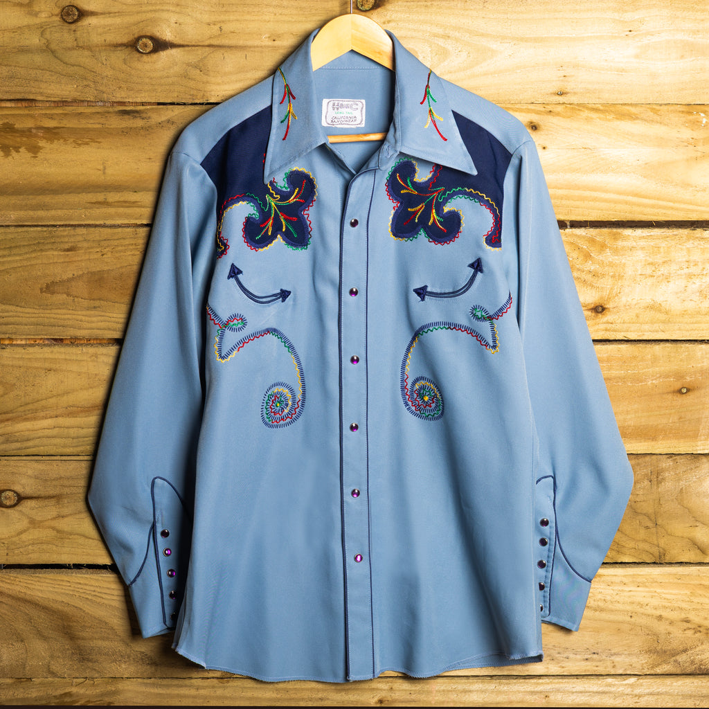 Vintage H Bar C Blue & Navy Embroidered Pearl Snap Western Shirt – L