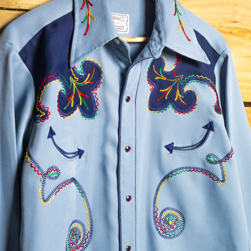 Vintage H Bar C Blue & Navy Embroidered Pearl Snap Western Shirt – L