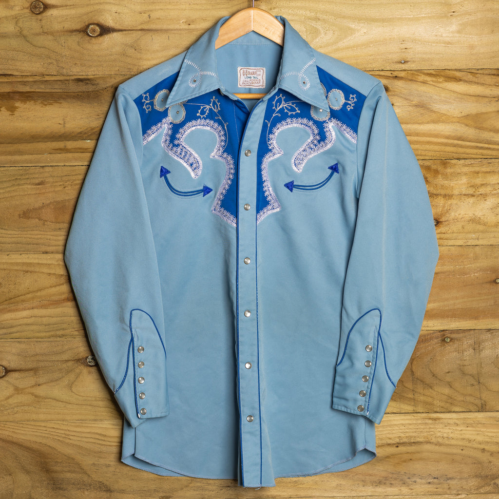Vintage H Bar C California Ranchwear Blue Embroidered Cowboy Shirt with Pearl Snaps - Size L/12
