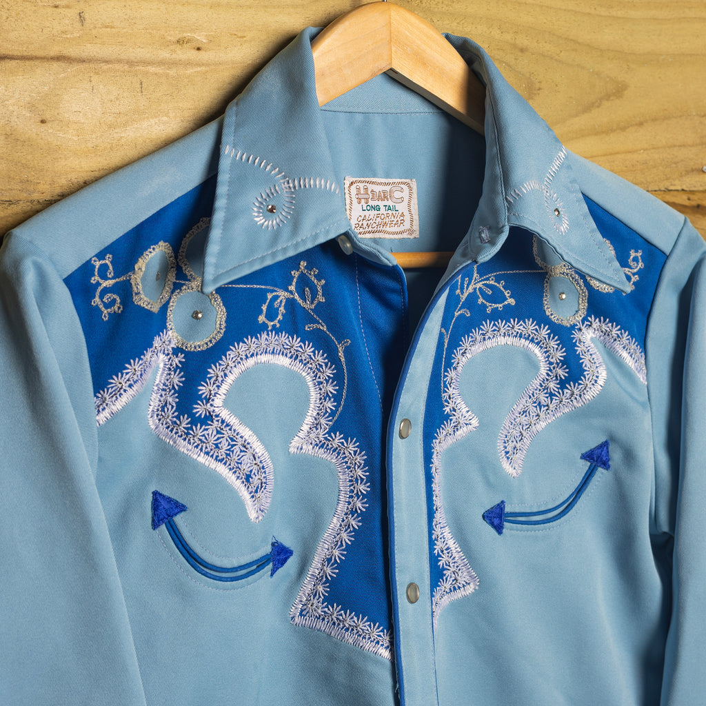 Vintage H Bar C California Ranchwear Blue Embroidered Cowboy Shirt with Pearl Snaps - Size L/12