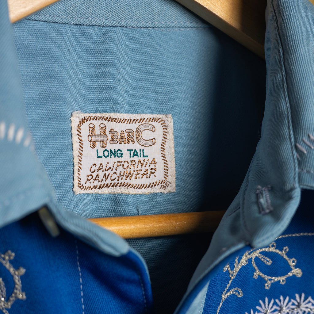 Vintage H Bar C California Ranchwear Blue Embroidered Cowboy Shirt with Pearl Snaps - Size L/12