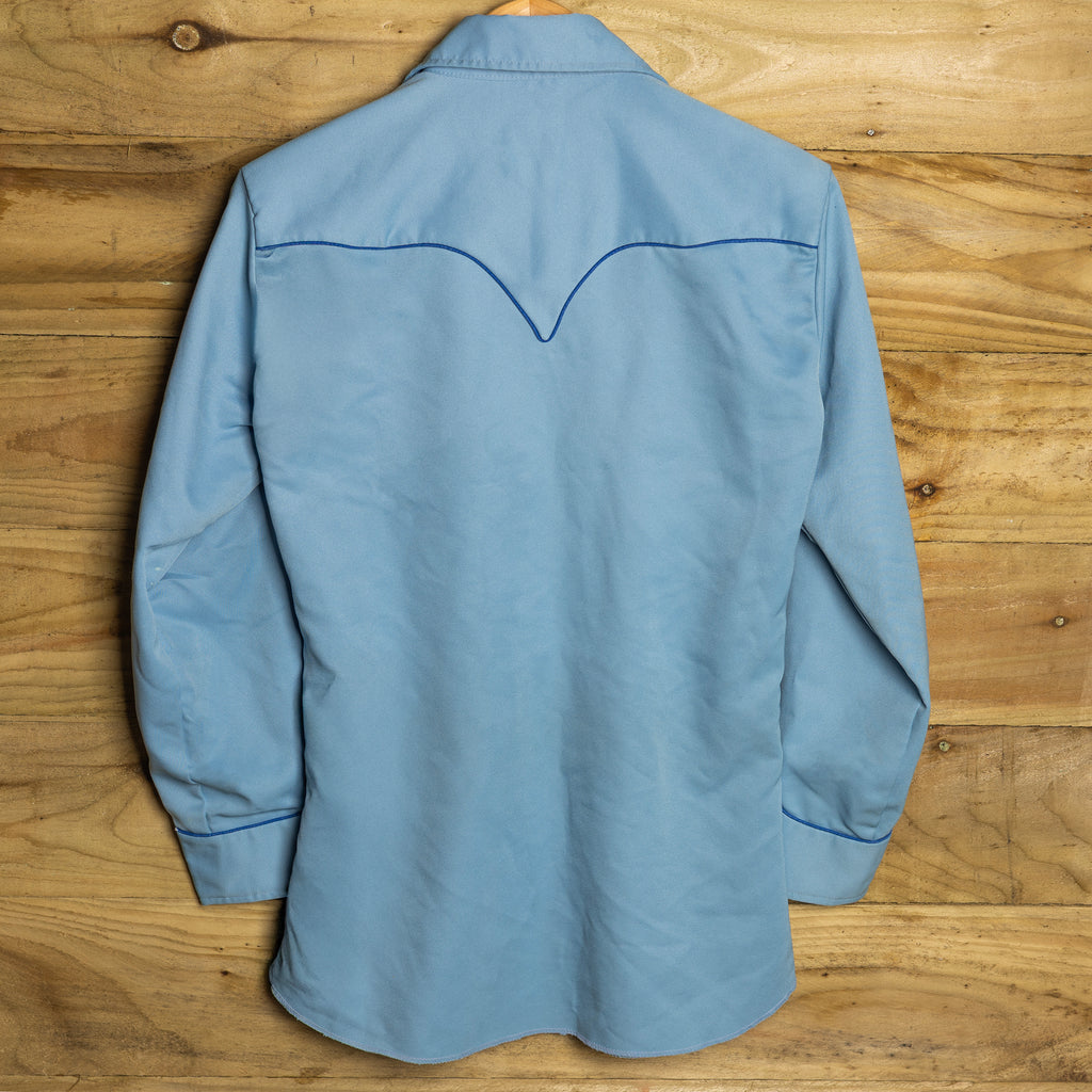 Vintage H Bar C California Ranchwear Blue Embroidered Cowboy Shirt with Pearl Snaps - Size L/12