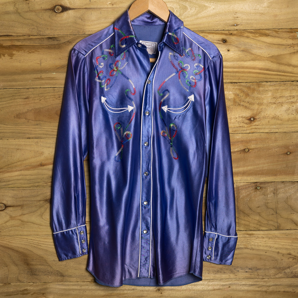 Vintage H Bar C California Ranchwear Blue Embroidered Satin Western Shirt - Pearl Snaps - Size S/M