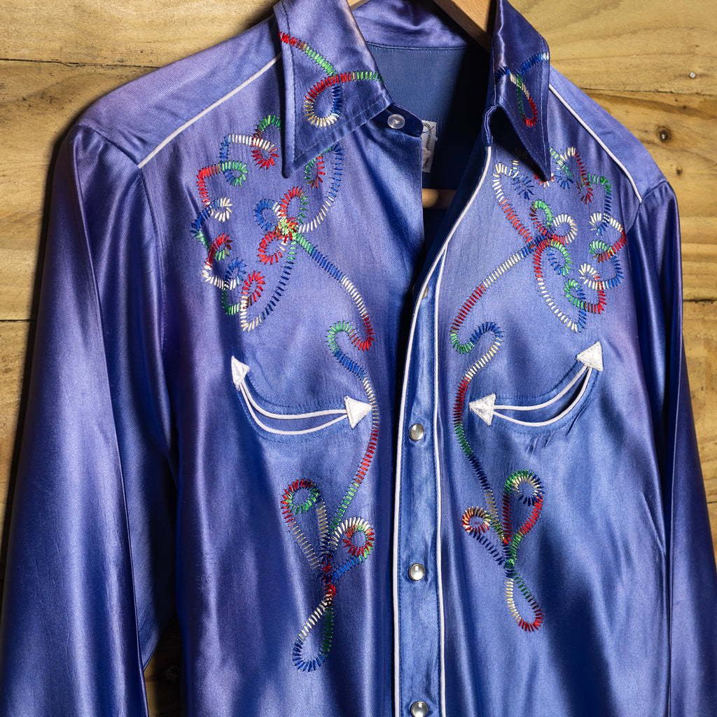 Vintage H Bar C California Ranchwear Blue Embroidered Satin Western Shirt - Pearl Snaps - Size S/M