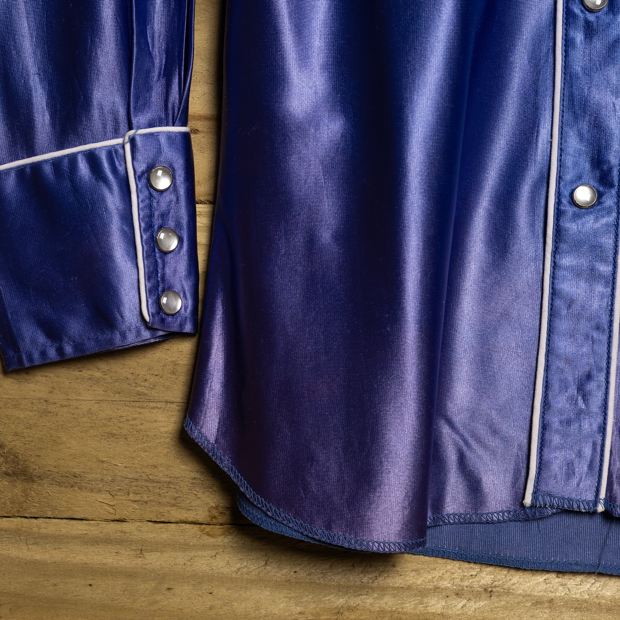 1970s Vintage H Bar C California Ranchwear Blue Embroidered Satin Western Shirt