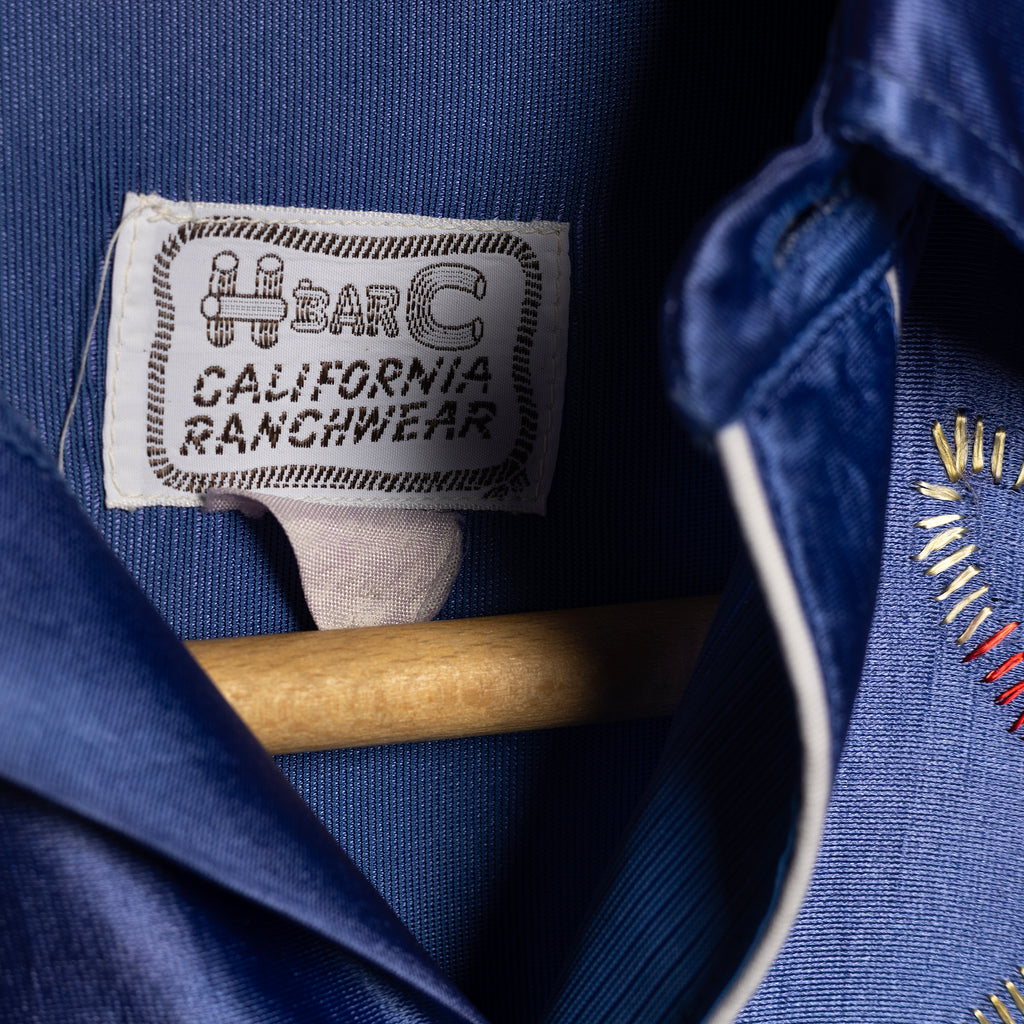 Vintage H Bar C California Ranchwear Blue Embroidered Satin Western Shirt - Pearl Snaps - Size S/M