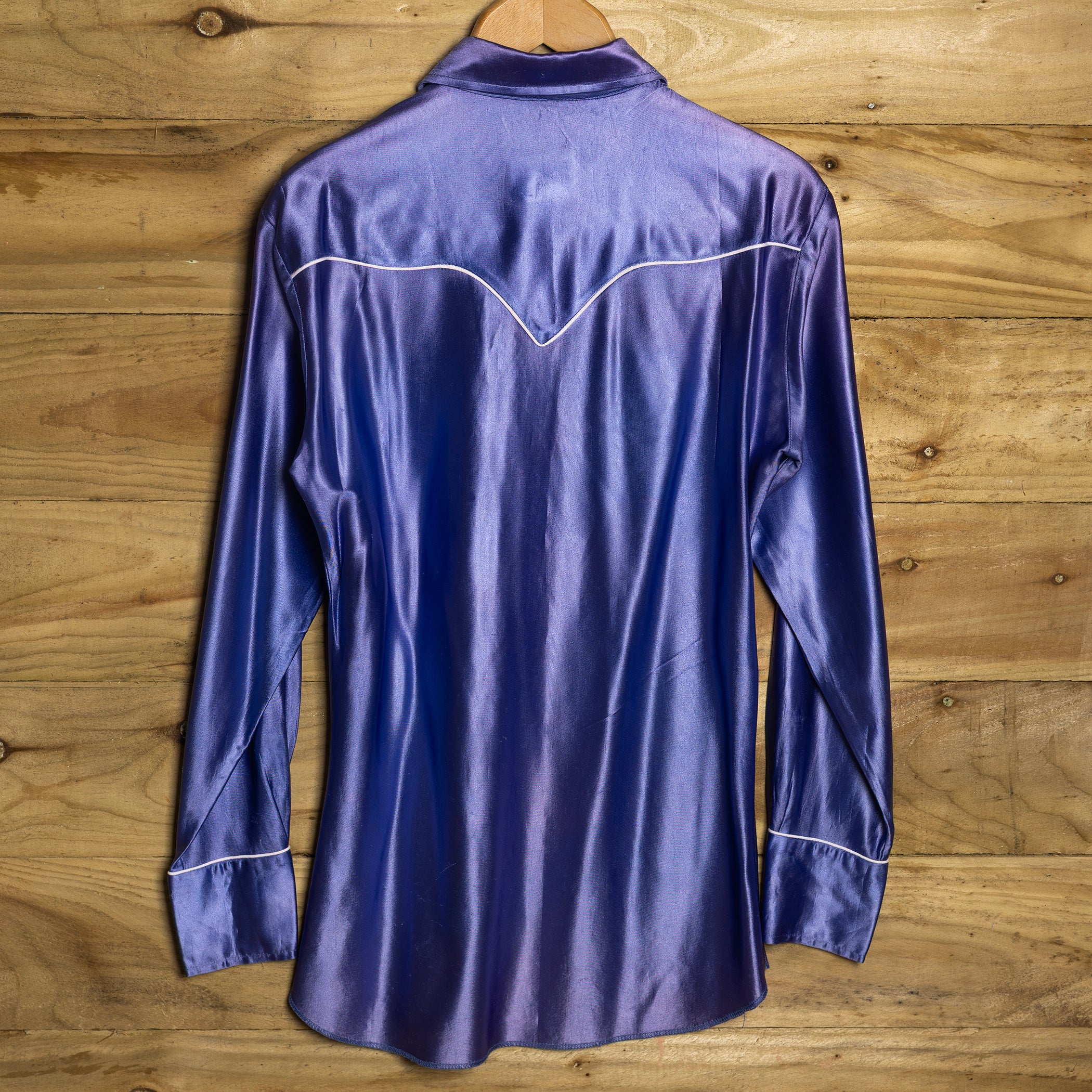 1970s Vintage H Bar C California Ranchwear Blue Embroidered Satin Western Shirt