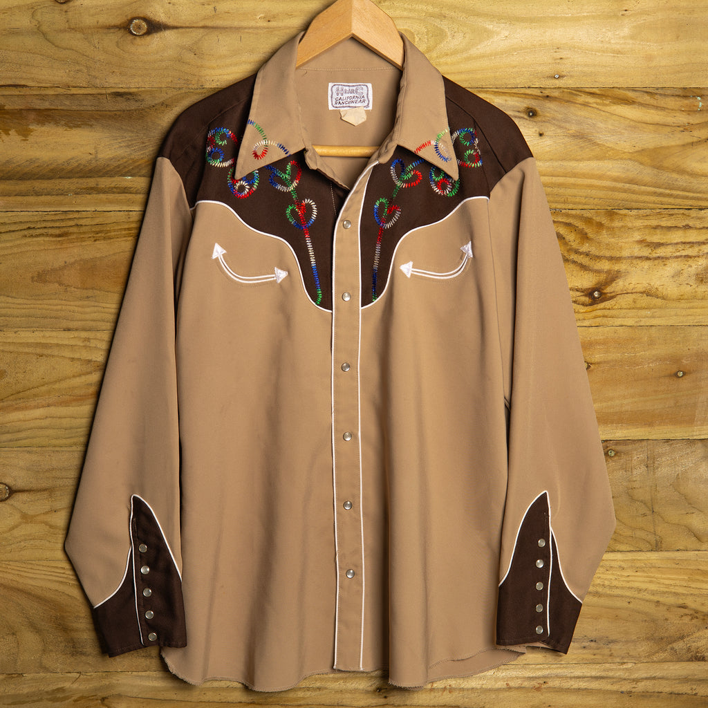 Vintage H Bar C California Ranchwear Brown Embroidered Western Shirt - Pearl Snaps - Size XL - Excellent