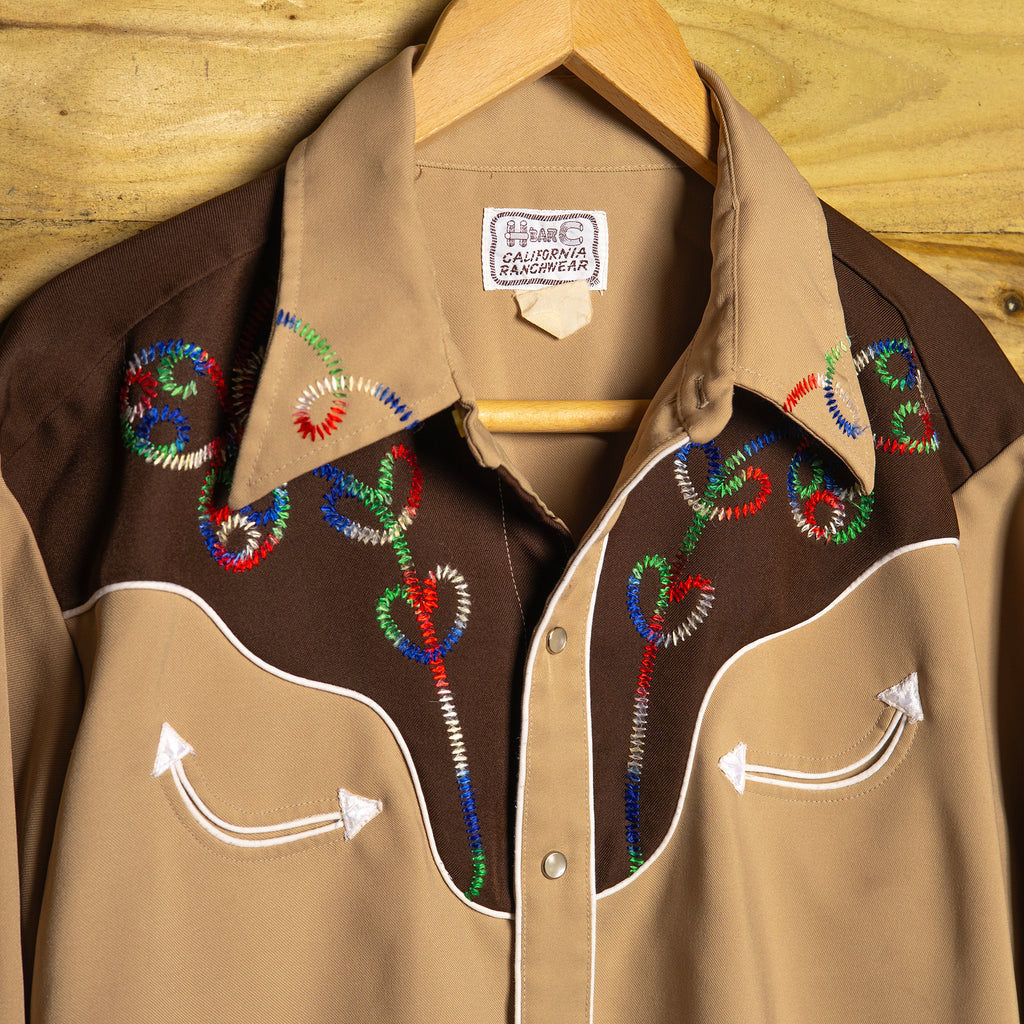 Vintage H Bar C California Ranchwear Brown Embroidered Western Shirt - Pearl Snaps - Size XL - Excellent