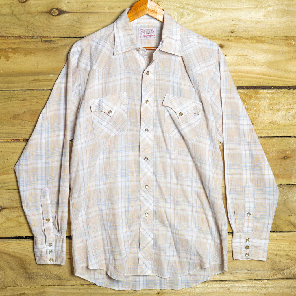 Vintage H Bar C California Ranchwear Cream Plaid Cowboy Shirt with Pearl Snaps - Size XL - Rodeo Joe's Western Wear
