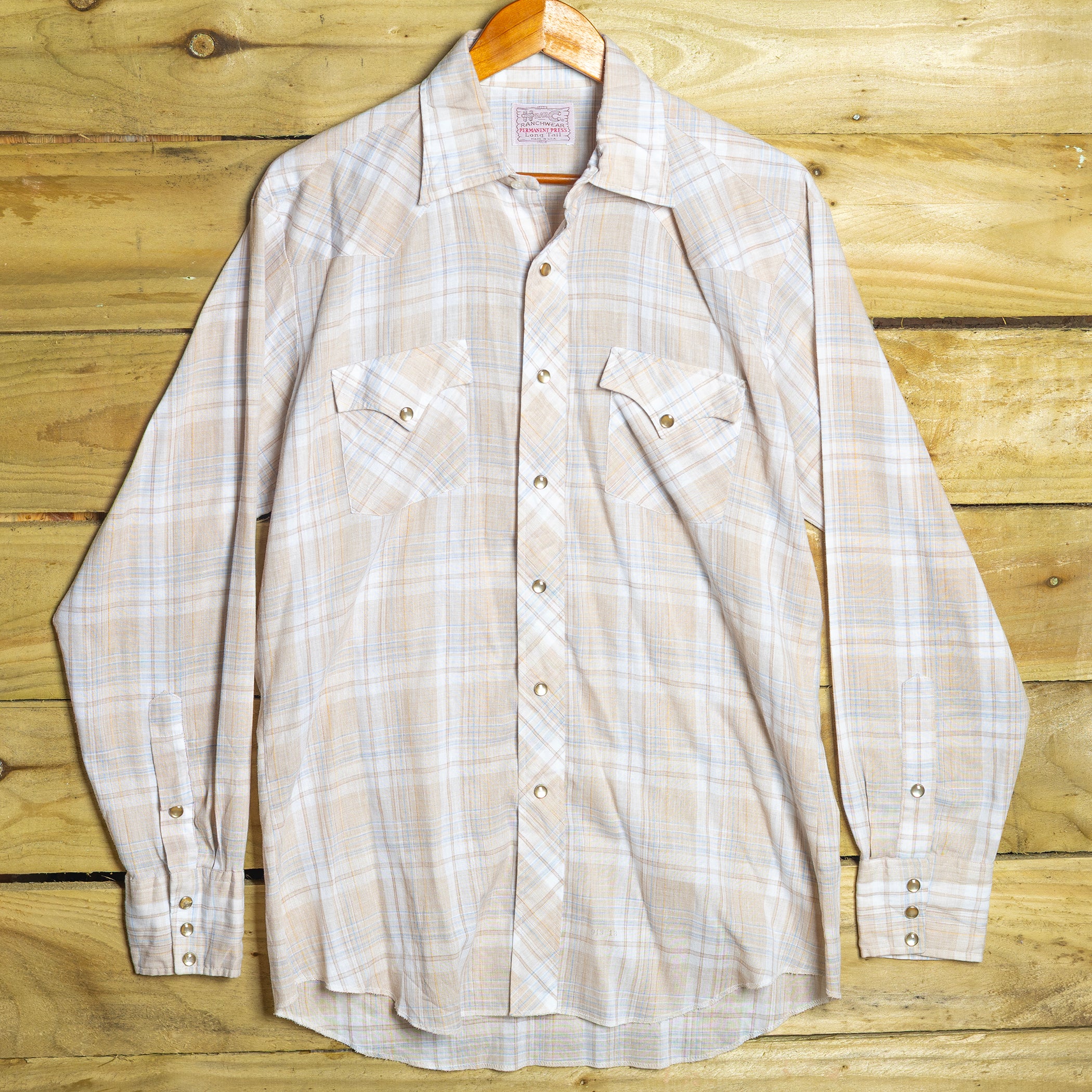 Vintage H Bar C California Ranchwear Cream Plaid Cowboy Shirt with Pearl Snaps - Size XL - Rodeo Joe's Western Wear