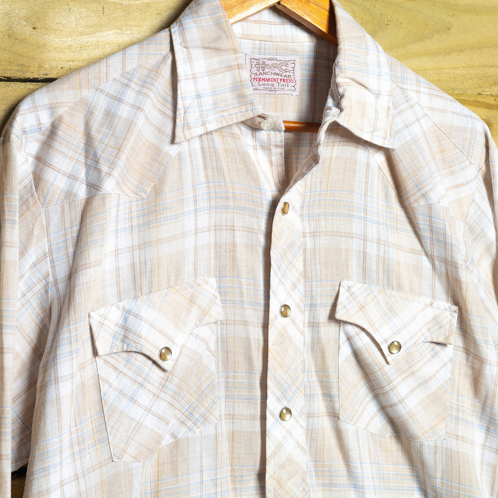 Vintage H Bar C California Ranchwear Cream Plaid Cowboy Shirt with Pearl Snaps - Size XL - Rodeo Joe's Western Wear