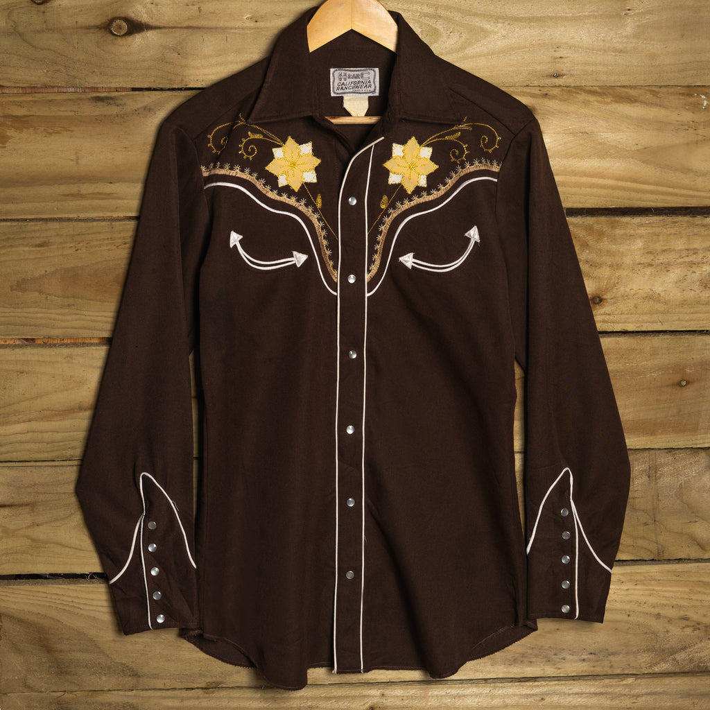 H Bar C Brown Floral Embroidered Pearl Snap Western Shirt – M