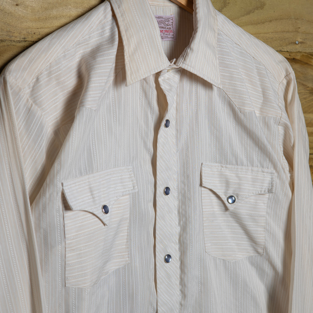 Vintage H Bar C California Ranchwear Striped Cream Western Shirt - Pearl Snaps - Size L