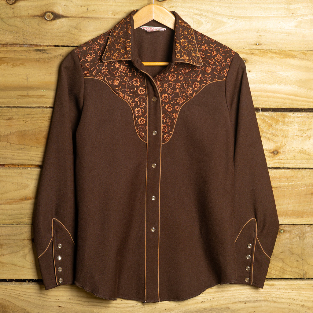 Vintage H Bar C California Ranchwear Brown Floral Embroidered Cowgirl Shirt — M