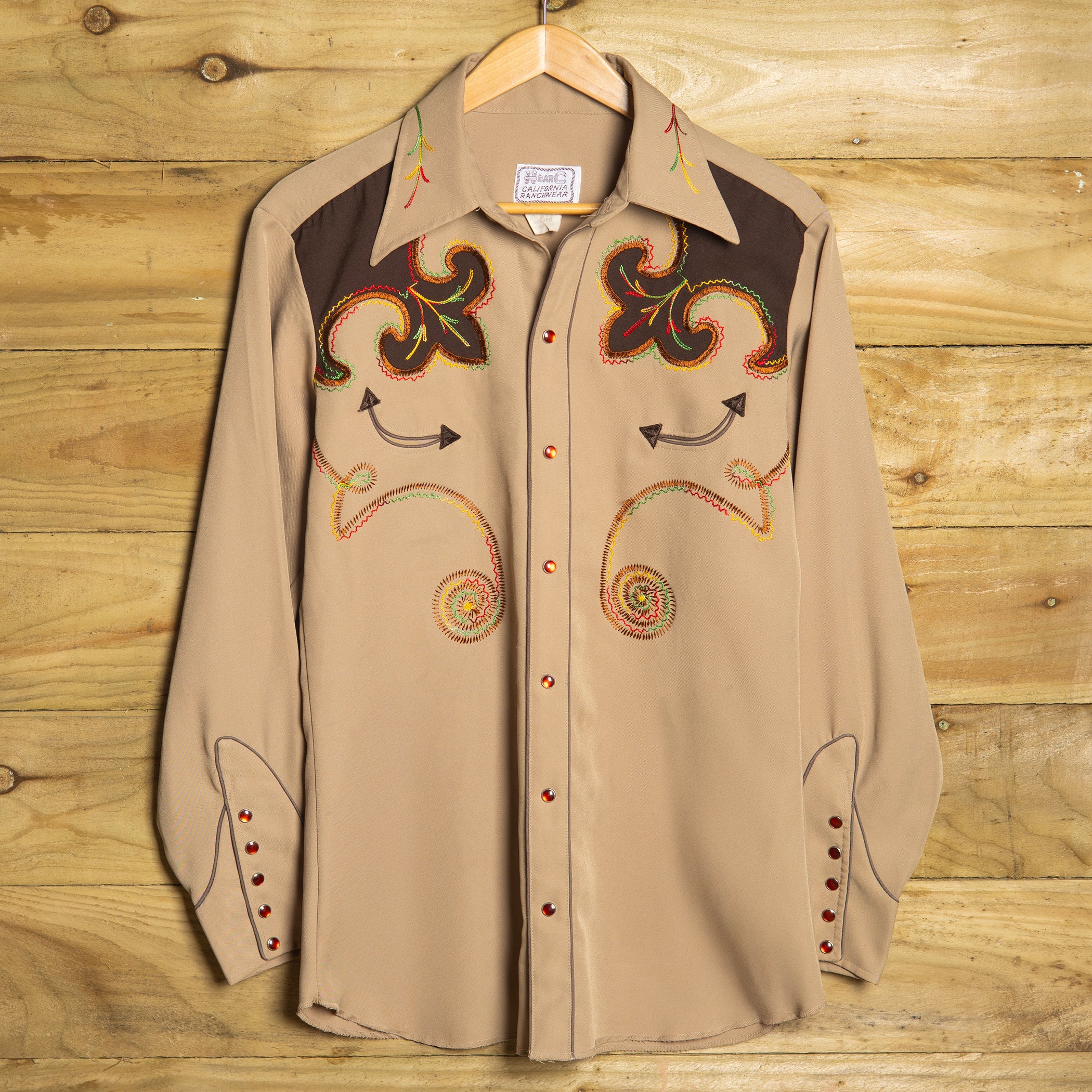 60s H bar C/CALIFORNIA RANCHWEARウエスタンシャツ H Bar C Brown Embroidered Shirt | Vintage Western Pearl Snap