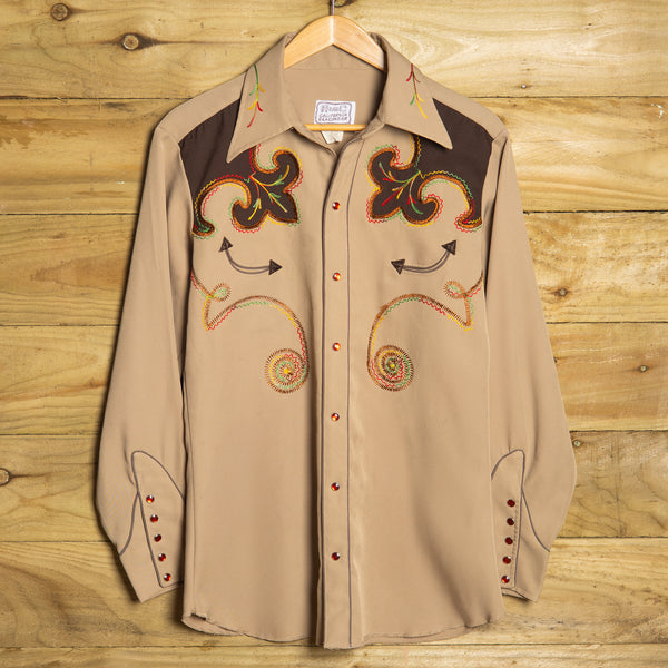 H Bar C Brown Embroidered Shirt | Vintage Western Pearl Snap
