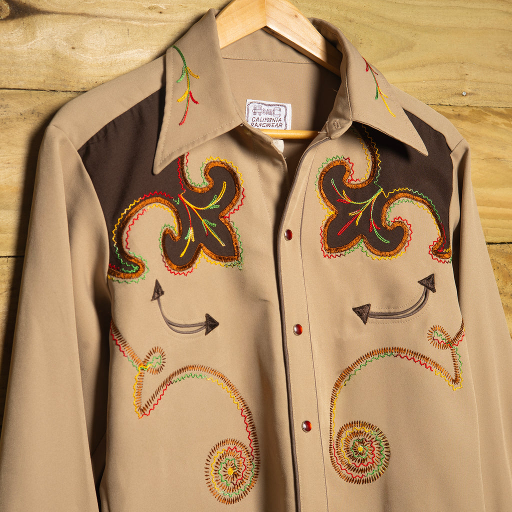 Vintage H Bar C California Ranchwear Brown Embroidered Western Shirt - Pearl Snaps - Size M
