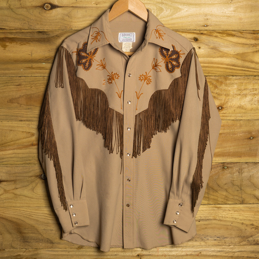 1960s/70s H Bar C California Ranchwear Beige & Orange Taos Western Shirt - Pearl Snaps - Size M