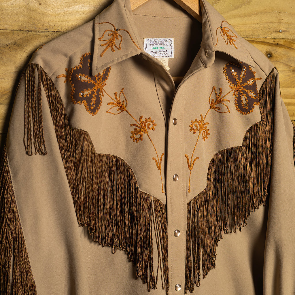 1960s/70s H Bar C California Ranchwear Beige & Orange Taos Western Shirt - Pearl Snaps - Size M