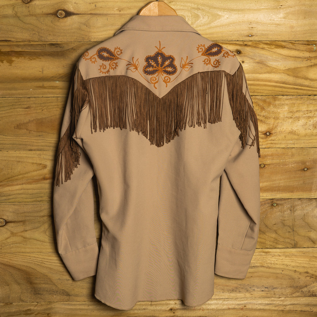 1960s/70s H Bar C California Ranchwear Beige & Orange Taos Western Shirt - Pearl Snaps - Size M